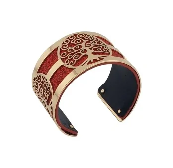 Golden Tree of Life Cuff Bracelet with Red Sparkly and Black Simulated Leather