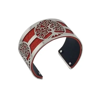 Silver Tree of Life Cuff Bracelet with Red Glitter and Black Simulated Leather