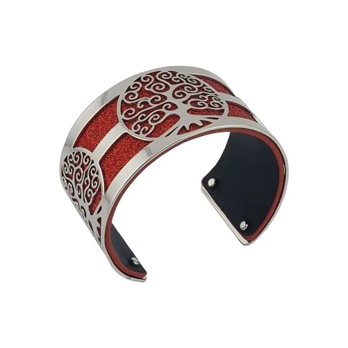 Silver Tree of Life Cuff Bracelet with Red Glitter and Black Simulated Leather