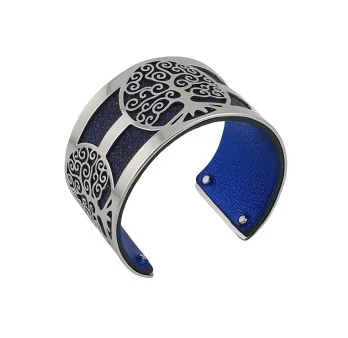 Bracelet manchette arbre de vie argenté simili cuir bleu pailleté et bleu marine brillant