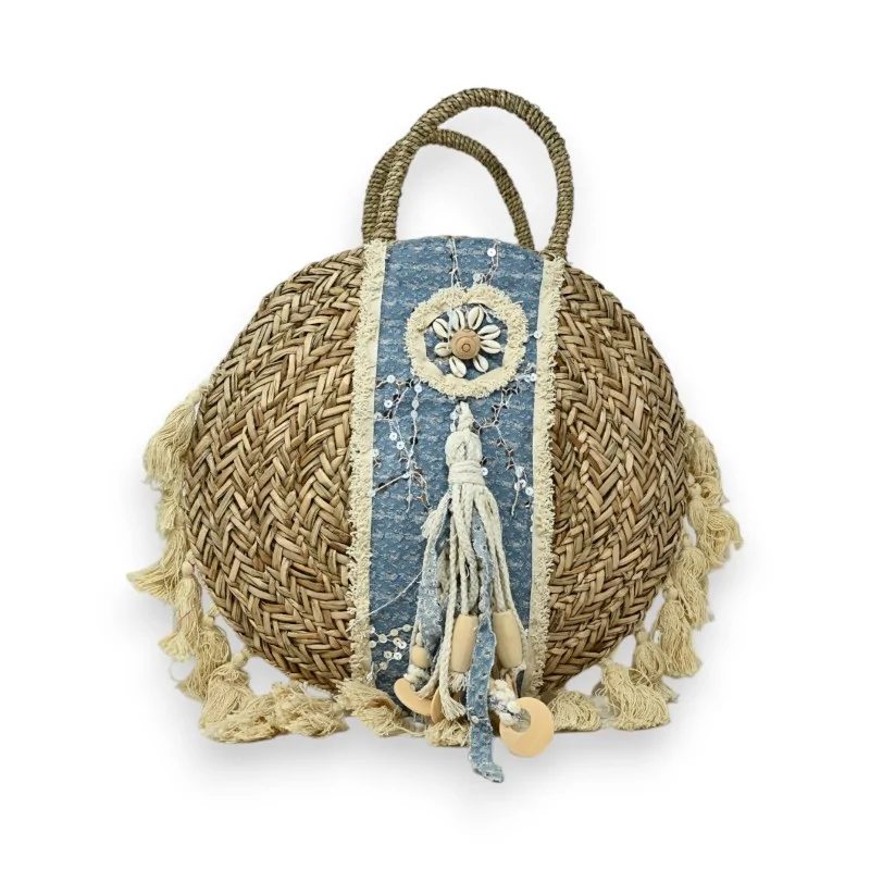 Sac rond paille bohème beige et bleu ciel