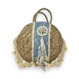 Round bohemian straw bag in beige and sky blue