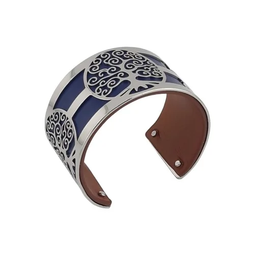 Silver Tree of Life Cuff Bracelet with Navy Blue and Camel Simulated Leather