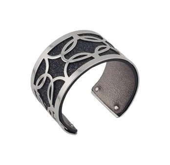 Silver plated cuff bracelet with black glittering and dark grey glossy faux leather finish