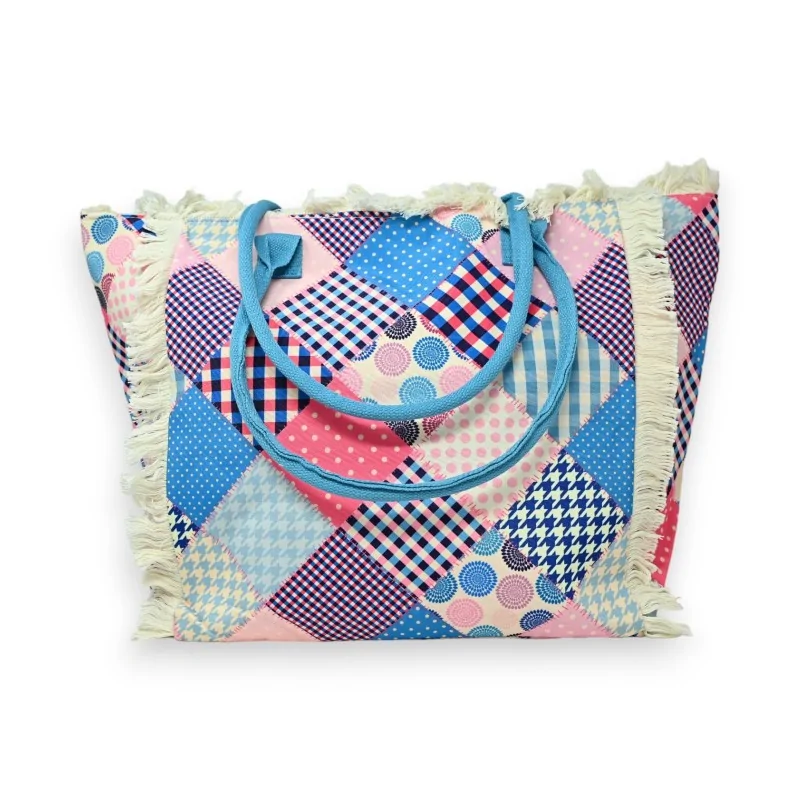 Sac cabas nylon imprimé patchwork rose et bleu