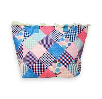 Patchwork print nylon tote bag in pink and blue