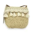 Bolso bandolera bohemio de paja beige macramé con pompones