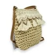 Bohemian style beige straw shoulder bag with macramé tassels