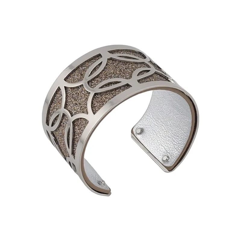 Silver-finished leather-look taupe glitter and shiny solid silver cuff bracelet