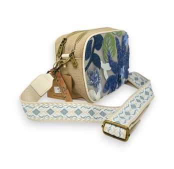 Rigid shoulder bag with blue flower embroideries