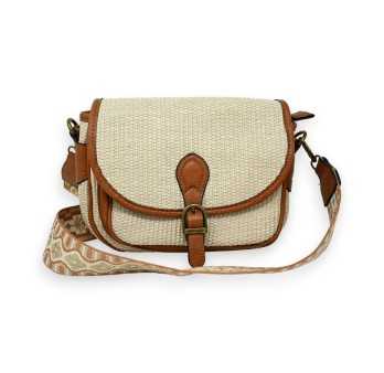 Brown bohemian shoulder bag, straw and synthetic