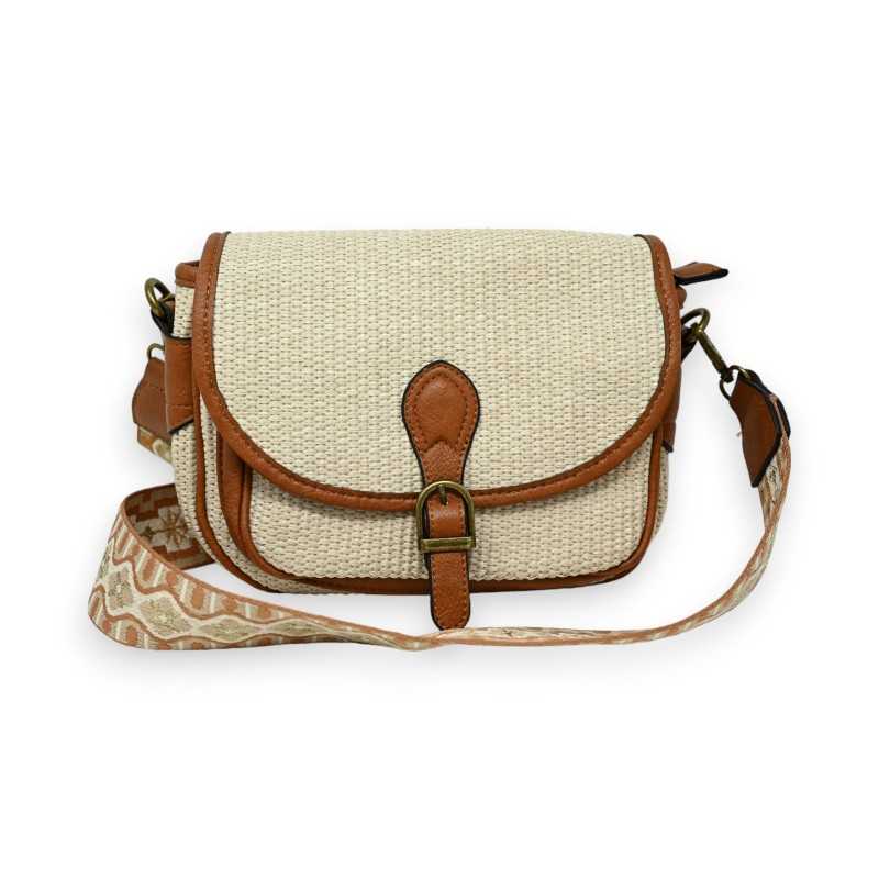 Brown bohemian shoulder bag made of straw and synthetic