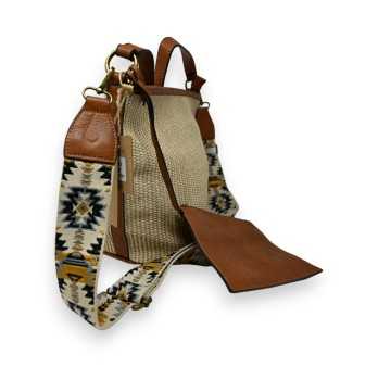 Handbag or bohemian shoulder bag beige straw fabric strap