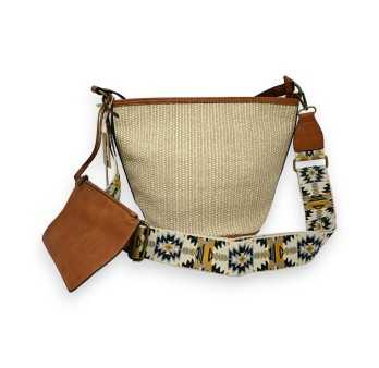 Handbag or bohemian shoulder bag beige straw fabric strap