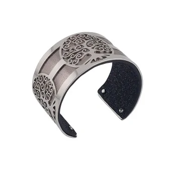 Silver Tree of Life Cuff Bracelet with Faux Leather and Black Glitter Accents