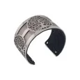 Silver Tree of Life Cuff Bracelet with Faux Leather and Black Glitter Accents