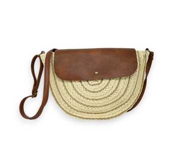 Round beige straw shoulder bag with golden threads
