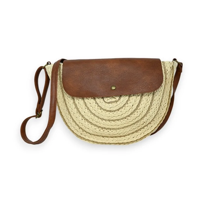 Bolso bandolera redondo de paja beige con hilos dorados