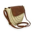 Bolso bandolera redondo de paja beige con hilos dorados