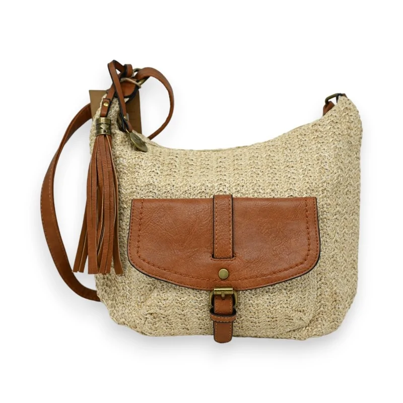 Light beige straw banana-shaped shoulder bag