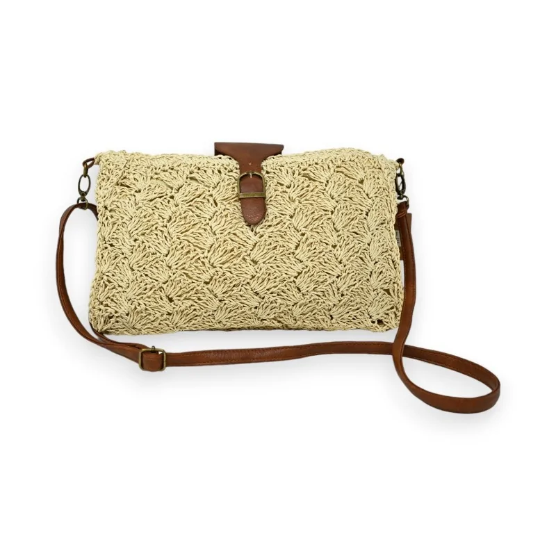 Sac bandoulière rectangle paille ajourée beige