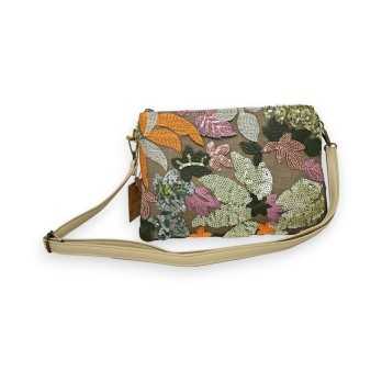 Embroidered fabric clutch bag with orange and green sequins