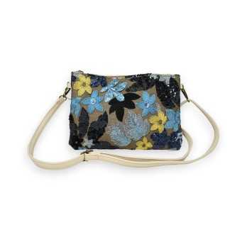 Clutch bag embroidered fabric and blue and yellow sequins