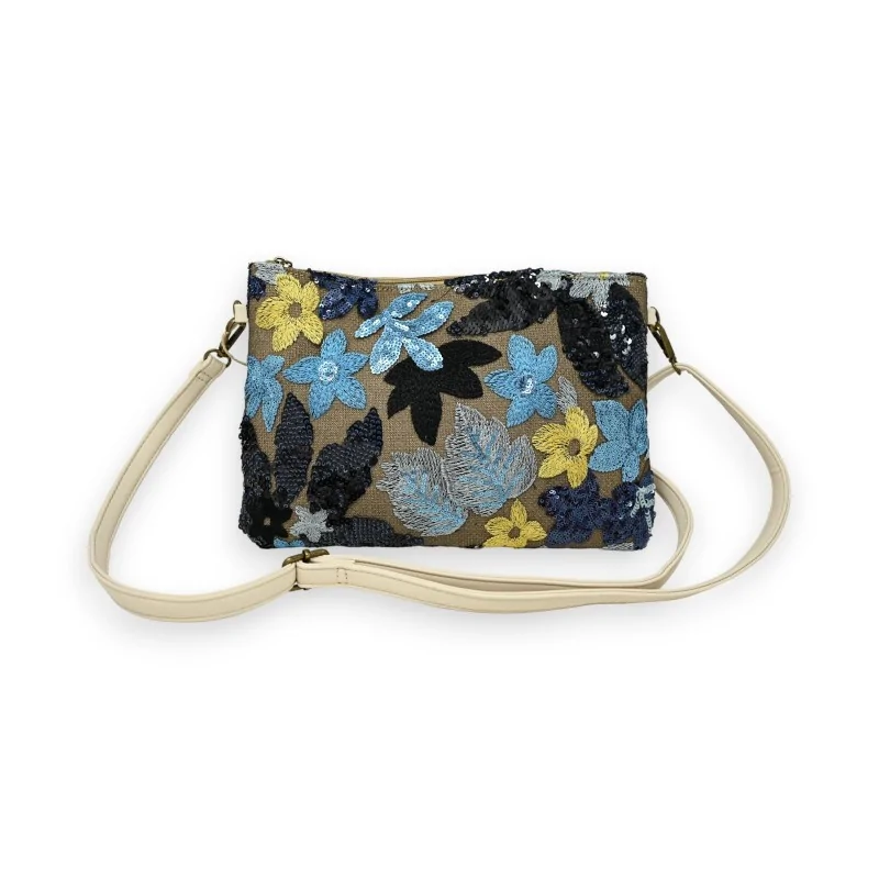 Clutch bag embroidered fabric and blue and yellow sequins