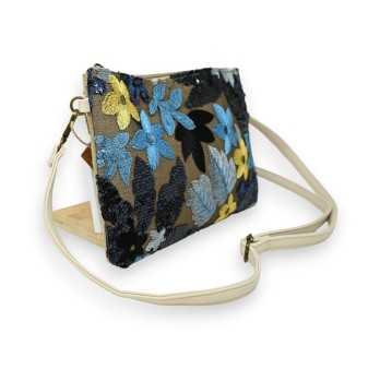 Clutch bag embroidered fabric and blue and yellow sequins