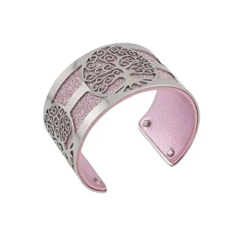Silver Tree of Life Cuff Bracelet with Simulated Leather Pink Glitter and Shiny Pink