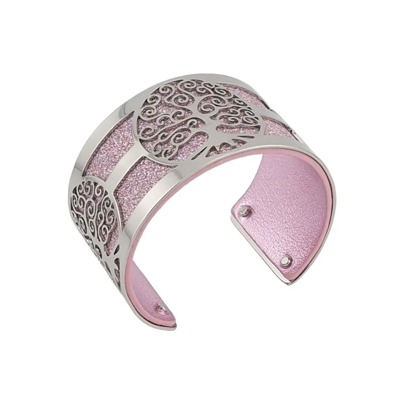 Bracelet manchette arbre de vie argenté simili cuir rose pailleté et rose brillant