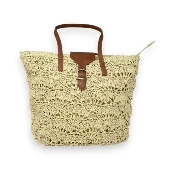 Beige bohemian straw bag with brown handles