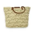 Beige bohemian straw bag with brown handles