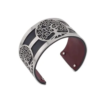 Silver Tree of Life Cuff Bracelet with Black and Burgundy Faux Leather