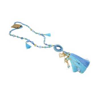 Collier sautoir fantaisie nuances bleu médaillon rond pompon et breloques