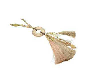 Long necklace fantasy shades of beige round medallion tassels and charms