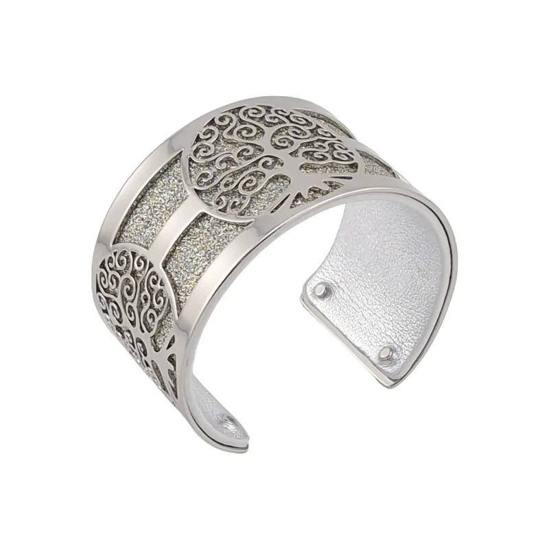 Armband Manschette Baum des Lebens silberfarbenes Kunstleder silber glitzernd und glänzendes Silber