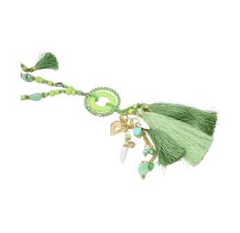 Long necklace fantasy green shades round medallion with tassels and charms