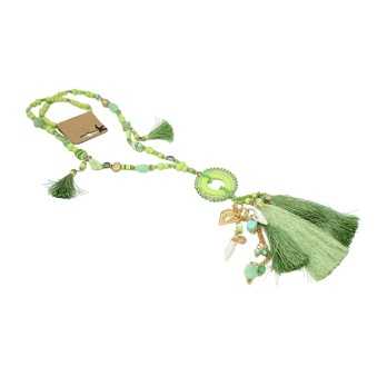 Long necklace fantasy green shades round medallion with tassels and charms