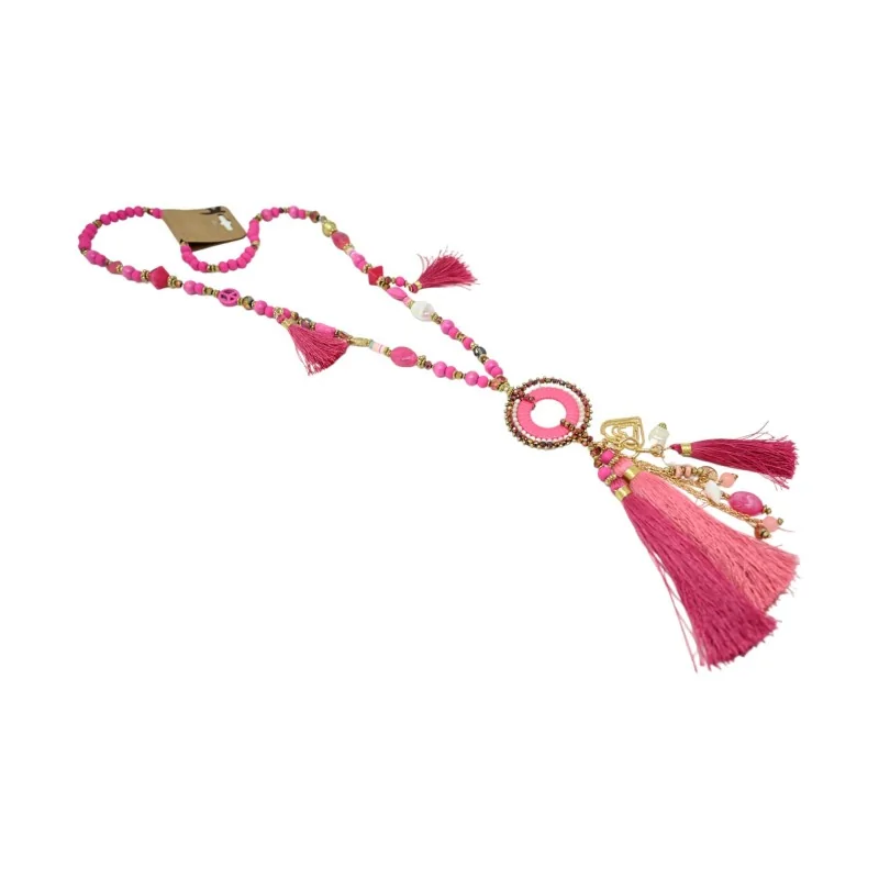 Fuchsia fancy pendant necklace with round medallion, tassel and charms