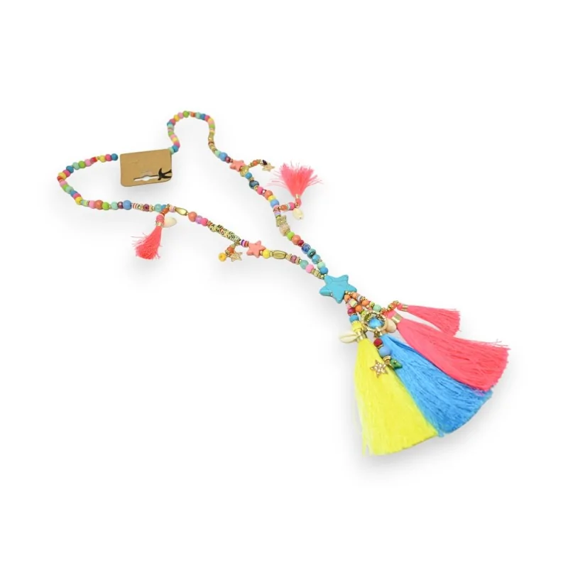 Long necklace multicolor flashy fantasy star medallion tassels