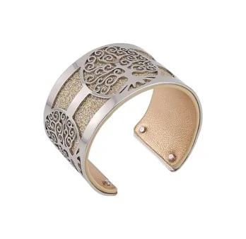 Armband Manschette Baum des Lebens Silber Simili Leder Gold Pailletten und Gold Glänzend