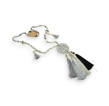 Collana pendente di fantasia grigia con medaglione albero della vita e pompon