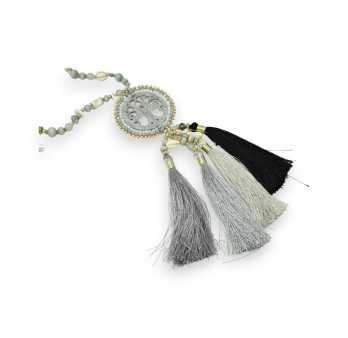 Long necklace fancy gray medallion tree of life tassel