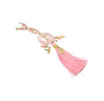 Collier sautoir fantaisie rose médaillon rond pompon