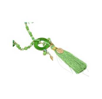 Collier sautoir fantaisie vert médaillon rond pompon