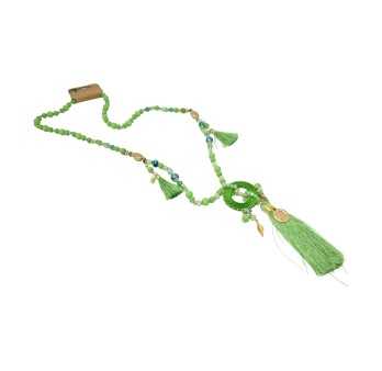 Collier sautoir fantaisie vert médaillon rond pompon