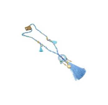 Collier sautoir fantaisie nuances bleu médaillon rond pompon