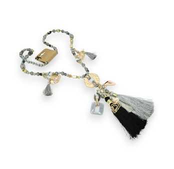 Long necklace fantasy gray and black with gold medallion and charms
