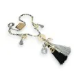 Long necklace fantasy gray and black with gold medallion and charms